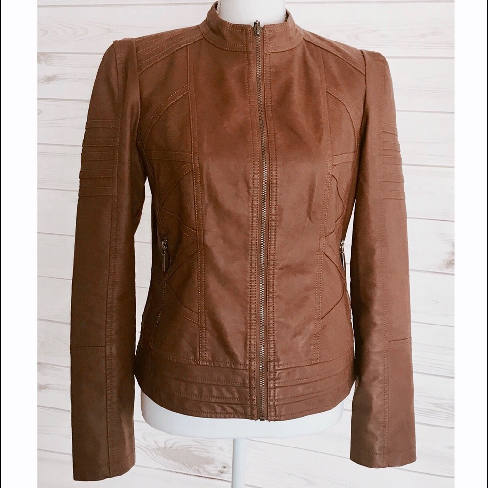 Quilted Camel Vegan leather Biker Moto Jacket (L)